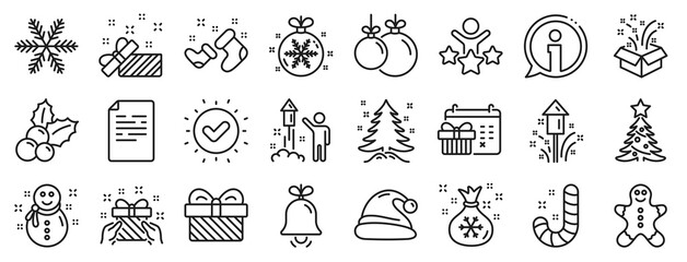 Santa hat, Gingerbread man and Gift box icons. Christmas, New year line icons. Fireworks, Snowflake and christmas holly. Snowman, santa socks and Pine tree. New year ball, holiday calendar. Vector