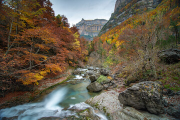 A riverbed with a mountain on the side in autumn