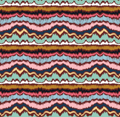 Ikat border. Geometric folk ornament. Ink on clothes. Tribal vector texture. Seamless striped pattern in Aztec style. Ethnic embroidery. Indian, Scandinavian, Gypsy, Mexican, African rug.
