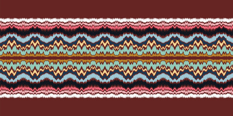 Ikat border. Geometric folk ornament. Ink on clothes. Tribal vector texture. Seamless striped pattern in Aztec style. Ethnic embroidery. Indian, Scandinavian, Gypsy, Mexican, African rug.