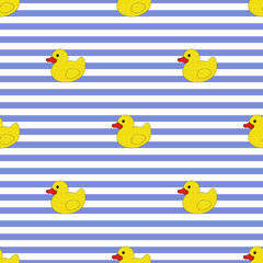 A seamless pattern with rubber ducks on blue stripes background.