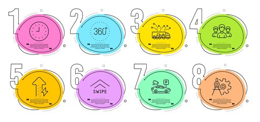 Cogwheel dividers, Swipe up and Group signs. Timeline steps infographic. Energy growing, Truck delivery and 360 degrees line icons set. Parking security, Clock symbols. Power usage, Logistics. Vector