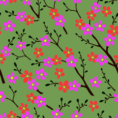 seamless pattern in color, silhouette of sakura branches, ornament for wallpaper and fabric, scrapbooking paper