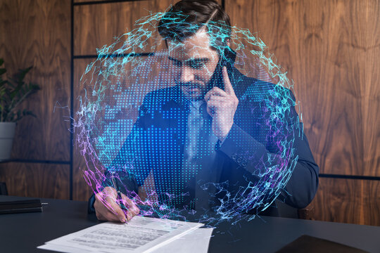 A man in office signing papers while talking mobile and planet earth hologram. Double exposure. Formal wear.