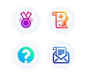 Creative painting, Honor and Question mark icons simple set. Button with halftone dots. Mail newsletter sign. Graphic art, Medal, Ask support. Open e-mail. Education set. Vector