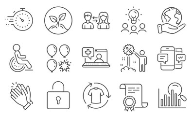 Set of Business icons, such as Disability, Medical help. Diploma, ideas, save planet. Clapping hands, Startup, Timer. Search, Change clothes, Balloon dart. Vector