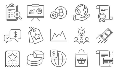 Set of Finance icons, such as Fast payment, Online buying. Diploma, ideas, save planet. Presentation, Payment card, Loyalty ticket. Loyalty tags, Refresh bitcoin, Diagram. Vector