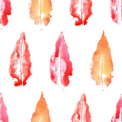 Watercolor autumn fall tree orange red leaf seamless pattern texture background