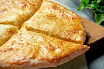 Georgian baked pie with salted and melted cheese - Megrelian khachapuri. Swlwctive focus