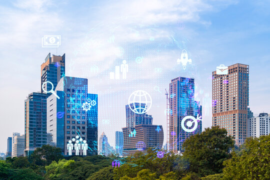 Social media icons hologram over panorama city view of Bangkok, Asia. The concept of people networking and connections. Double exposure. - Powered by Adobe