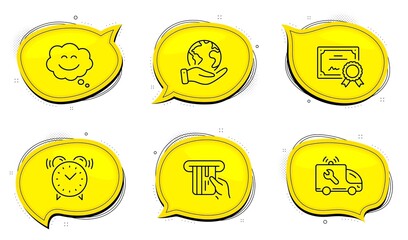 Smile chat sign. Diploma certificate, save planet chat bubbles. Credit card, Car service and Alarm clock line icons set. Atm payment, Repair service, Time. Happy face. Technology set. Vector