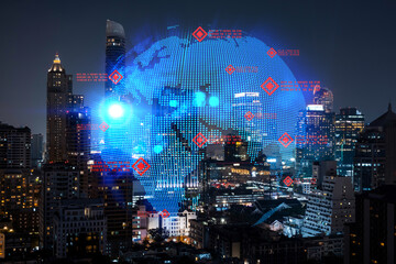 Hologram of Earth planet map on night panoramic cityscape of Bangkok, Asia. The concept of international companies. Multi Exposure.
