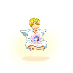 Engel barfuß Elohim Erzengel Beschützer Energie Lichtarbeiter Liebe schwebt Meditation hält neue Erde in Hand lächelt Lächeln Freude Erdkugel strahlt rosa Frieden Aufstieg Lichtwesen Transformation 