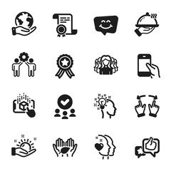 Set of People icons, such as Idea, Augmented reality. Certificate, approved group, save planet. Women group, Sunny weather, Restaurant food. Heart, Smile chat, Fair trade. Vector
