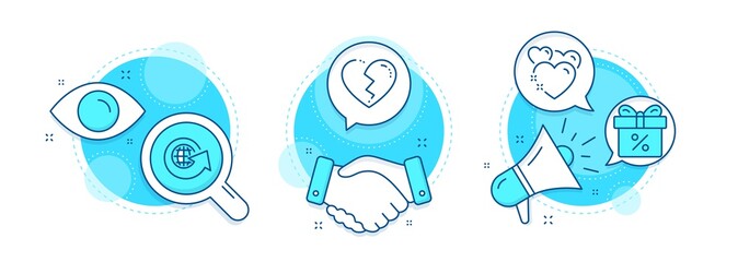 Heart, World globe and Broken heart line icons set. Handshake deal, research and promotion complex icons. Discount offer sign. Love, Around the world, Love end. Gift box. Holidays set. Vector
