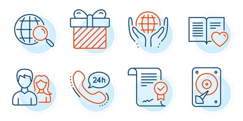 Hdd, Couple and Web search signs. Surprise, 24h service and Approved agreement line icons set. Love book, Organic tested symbols. Present with bow, Call support. Business set. Vector