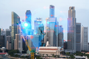 Naklejka premium World planet Earth map hologram over panorama city view of Singapore, Asia. The concept of international connections and business. Multi Exposure.
