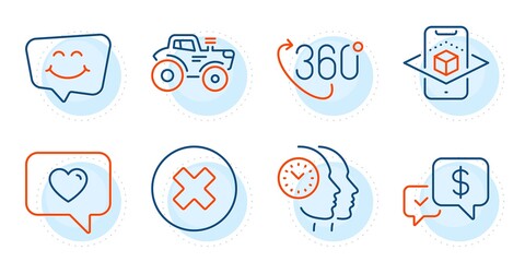 Love message, Augmented reality and Time management signs. Payment received, Close button and Smile chat line icons set. Tractor, 360 degree symbols. Money, Delete or decline. Technology set. Vector