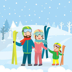 Cartoon Family members hold skis hands. Happy people enjoying winter vacation. Ski equipment.