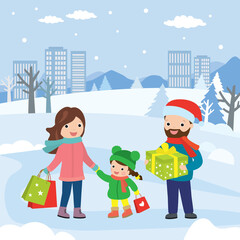 Cartoon happy family before christmas. Father with gift,mother and daughter with shopping bags.