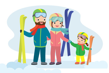 Cartoon Family members hold skis hands. Happy people enjoying winter vacation.Ski equipment.