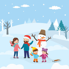 Fototapeta premium Cartoon happy family standing near big snowman. Parents and children spending time in park.