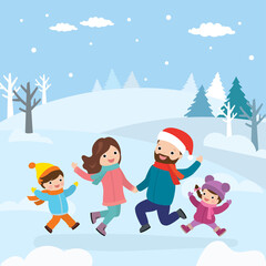Cartoon happy family in jump. Winter landscape and four caucasian characters. Parents and children outdoor.