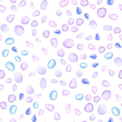 Seamless Violet Soft color Abstract Paint Pattern. Painted Color Shapes. Lilac Ornamental Hand Drawn Shapes.Purple With Squares, Spirals. Endless Hand Painted Blots. Watercolor Brush Stroke.