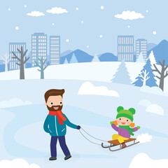 Handsome caucasian father rides happy kid girl on sled. Winter urban view on background.