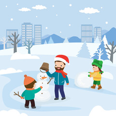 Father with kids make a snowmang in the park. Winter background. Dad and children games in the snow.
