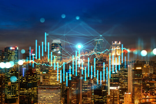 FOREX graph hologram, aerial night panoramic cityscape of Singapore, the developed location for stock market researchers in Asia. The concept of fundamental analysis. Double exposure.
