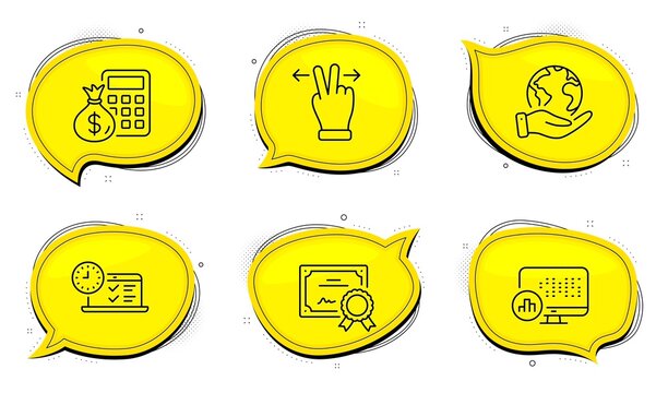 Finance calculator sign. Diploma certificate, save planet chat bubbles. Online test, Report statistics and Touchscreen gesture line icons set. Examination, Graph chart, Swipe. Calculate money. Vector
