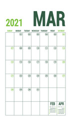 March calendar 2021. English calender template. Vector grid. Office business planning. Creative design. Olive green color