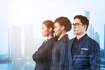 Group of three business colleagues in suits dreaming about new career opportunities after MBA graduation. Concept of multinational corporate team. Singapore on background. Double exposure.