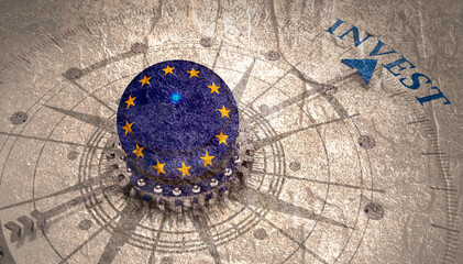 Business concept. Abstract compass points to the invest word. Flag of the European Union.