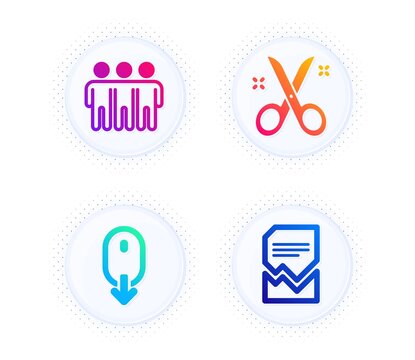 Scissors, Scroll down and Friendship icons simple set. Button with halftone dots. Corrupted file sign. Cutting tool, Mouse swipe, Trust friends. Damaged document. Business set. Vector