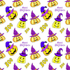 Jack lantern in wizard hat seamless pattern. Vector illustration for card, wallpaper, fabric design and fall decoration. Halloween yellow pumpkins and boo lettering isolated on white background.
