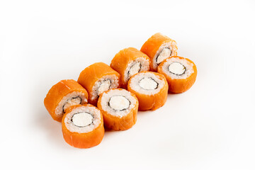 photo of sushi rolls on a white background