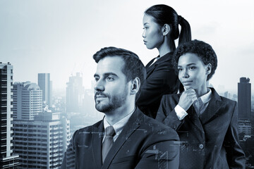 Group of three business partners in suits dreaming and looking for new opportunities to succeed....