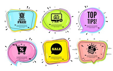 Top tips symbol. Big buys, online shopping. Education faq sign. Best help assistance. Quotation bubble. Banner badge, texting quote boxes. Top tips text. Coupon offer. Vector