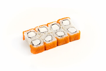 photo of sushi rolls on a white background