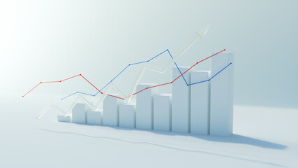 3d render of financial data rising bar graph growing, chart business growth on white Background, side view