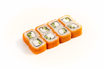 photo of sushi rolls on a white background