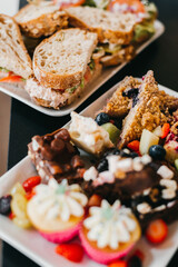 Pastry and sandwiches on a white plate