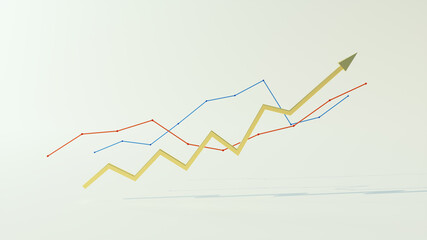 3d render of financial data rising graph growing, chart business growth on white Background, Blue red and gold