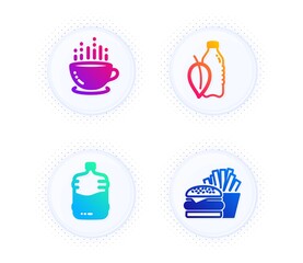 Cooler bottle, Coffee cup and Water bottle icons simple set. Button with halftone dots. Burger sign. Water drink, Hot drink, Cheeseburger. Food and drink set. Gradient flat cooler bottle icon. Vector