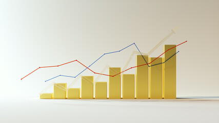 3d render of financial data rising golden bar graph growing, chart business growth on white Background, front view, blue red gold 