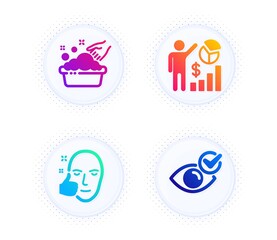 Seo statistics, Healthy face and Hand washing icons simple set. Button with halftone dots. Check eye sign. Analytics chart, Healthy cosmetics, Laundry basin. Vision. People set. Vector