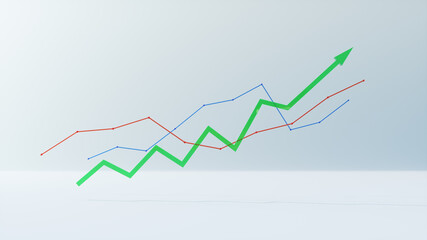 3d render of financial data rising graph growing, chart business growth on white Background,front view, Blue red and green