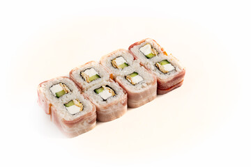 photo of sushi rolls on a white background